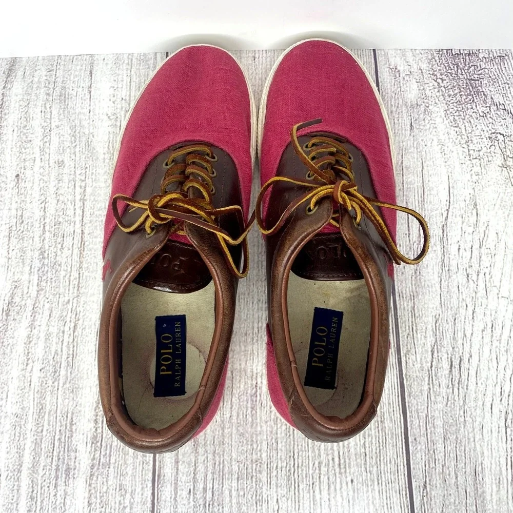 Ralph Lauren Polo Vaughn Men's 10.5D Red Linen Leather Canvas Boat Shoes Sneaker